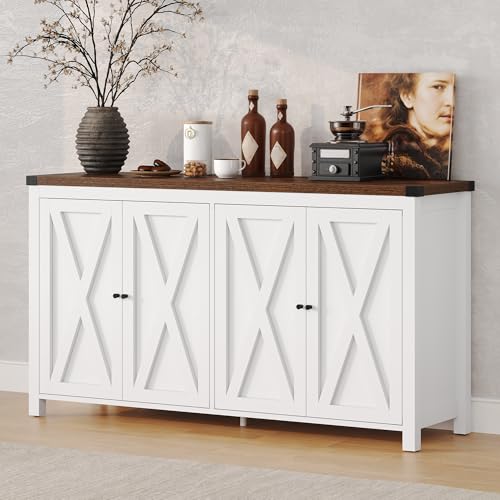 DWVO 55'' Sideboard Buffet Cabinet with Storage, Farmhouse Kitchen Storage Cabinet with 4 Doors, Coffee Bar Cabinets with Adjustable Shelves for Kitchen, Living Room, White&Brown