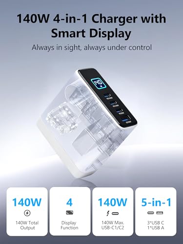 Image of MX 140W USB C Charger, 4-Port Multi-Device PD Fast Charging Travel Adapter with Smart Display & Touch Control, GaN Power Plug Adapter for Laptop MacBook Pro, iPhone 17 /16, Pixel, Steam Deck