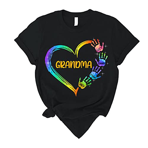 Grandma Mom Heart Hand Print Personalized Shirt Gifts for Nana, Grandma Heart with Colorful Handprint T Shirt Customized Kids Names for Grandma, Mothers Day, Birthday, Thanksgiving, Christmas Black
