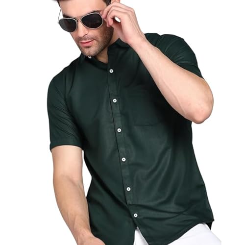 Image of MILDIN Men's Cotton Blend Solid Shirt with Spread Collared Half Sleeve Curved Hemline Button Closure Regular Fit and One Pocket | Half Sleeve Shirt for Men