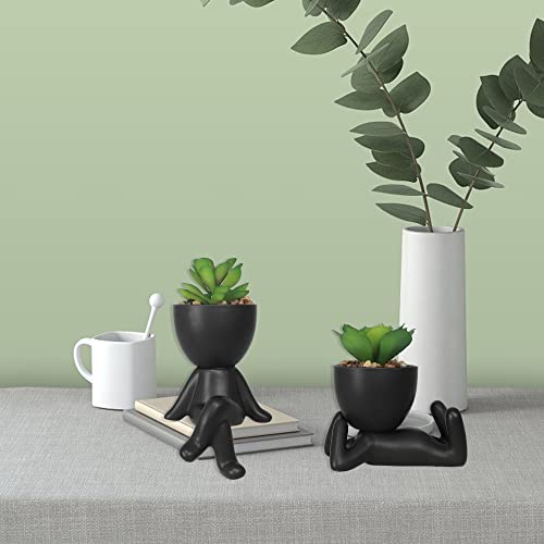 Zerzsy 3 Pcs Cute Artificial Succulent Plants With Creative Human Shaped Pots, Mini Potted Succulents Decor For Home Decor (Matte Black) #TOP3