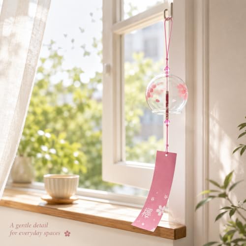 Image of Artibetter Japanese Glass Wind Chime Hanging Bell with Cherry Blossom Design | Handmade Furin Wind Bell for Home, Balcony, Garden, Patio, Window & Gift Decor (Pink)