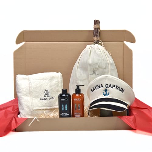 SAUNA GURU Premium Sauna Gift Set for Men - Birch Sauna Broom Venik, Sauna Hat Captain, Sauna Kilt Towel, Eucalyptus Sauna Infusion & Shower Gel with Pine Fragrance - Natural Wellness Gift