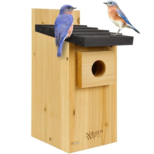 Nature’s Way Cedar Bluebird House for Outdoor Nesting, Predator Guarded Entrance with Clean-Out Door & Ventilation Openings, Brown