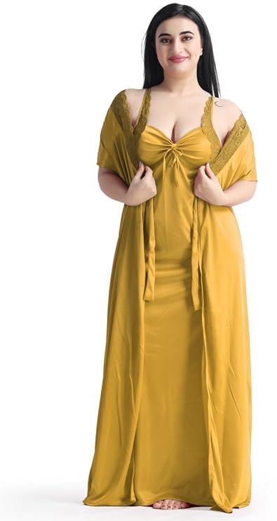 Image of Satin 6 Piece Nightwear Set, Coral Pink Lace Trim Sleepwear with Robe, Nighty, Top, Shorts, Lingerie Set for Women, Summer Collection-Mehndi Green.