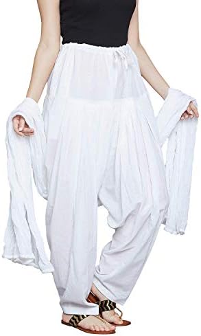 Stylong Women's Cotton Casual Style Relaxed Fit Traditional Mid Rise Semi Patiala Salwar With Dupatta Set (Free Size) (White)