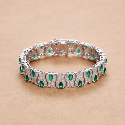 Pear Cut Created Emerald Bracelet for Women 18K Gold Plated Birthstone Bracelets 3 * 5MM S925 Sterling Silver Tennis Bracelet Green Bracelets Birthday Jewelry (Width 10MM)2