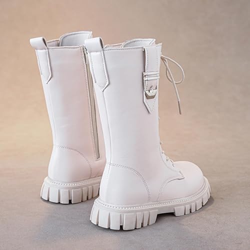 White Boots for Girls,Girls White Boots,Lace Up Riding Booties Mid Calf Combat Booties Pu Leather Side Zipper Punk Goth Boot 4-11 Years,Fashion Comfortable Round Toe Low Heel Combat Riding Boot4