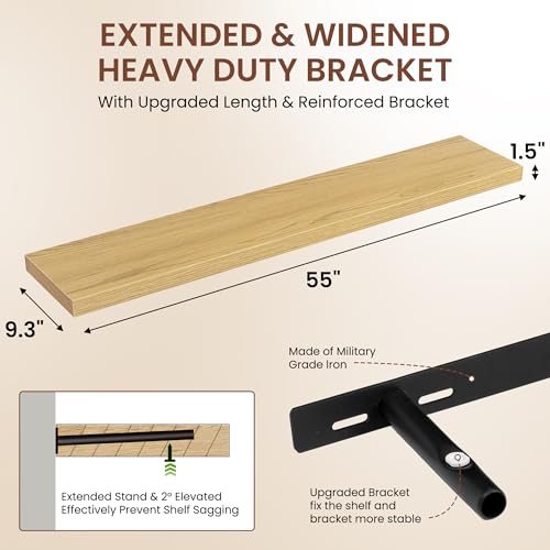 Image of Dreamland 55 Inches Floating Shelves for Wall, 9.3 inch Deep Long Floating Shelves Set of 1, Large Display & Storage Shelf, Wall Shelf for Bathroom Bedroom Living Room Kitchen Office, Oak
