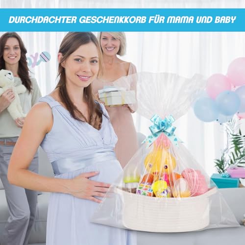 2 Stück Geschenkkorb Leer Set, Weiß aus Baumwollseil Präsentkorb Leer, Korb Klein für Geschenke mit 4 Verpackungsbeutel, 4 Zugschleifen, 4 Grußkarten für Valentinstag, Babyshower, Hochzeit