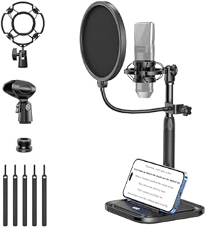 Stołowy stojak na mikrofon z uchwytem na telefon komórkowy, 2 w 1, regulowany statyw stołowy z filtrem pop, uchwytem na wstrząsy, klipsem do mikrofonu, adapter śrubowy 3/8" na 5/8" do Blue Yeti
