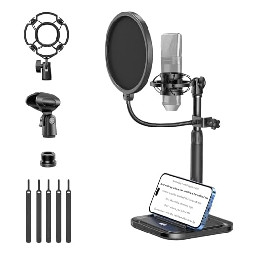 Supporto Microfono da Tavolo, Asta Microfono Scrivania Regolabile 2 in 1 con Supporto Telefono e Filtro anti pop, Supporto antiurto, Microfono clip, adattatore a vite in metallo da 3/8" a 5/8"