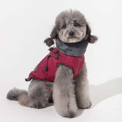 Puppia Isolde Winterpullover mit Stehkragen und durchgehendem Reißverschluss, mit integriertem Geschirr für kleine und mittelgroße Hunde, Weinrot, Größe M