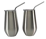 Insulated Double Walled and Vacuum Sealed 16 oz Stainless Steel Elegant Wine Glass Tumbler Set of 2 with Lids and Stainless Steel Straws - No Sweat - No Seams - Enjoy Beer Iced Tea Water Soda Coffee