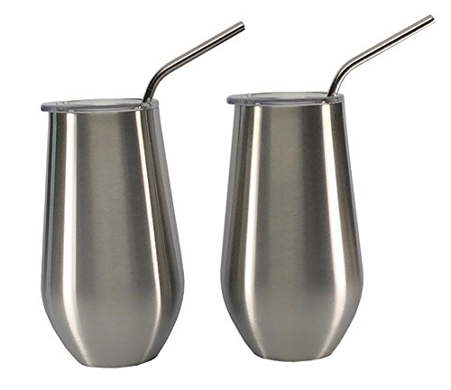Insulated Double Walled and Vacuum Sealed 16 oz Stainless Steel Elegant Wine Glass Tumbler Set of 2 with Lids and Stainless Steel Straws - No Sweat - No Seams - Enjoy Beer Iced Tea Water Soda Coffee