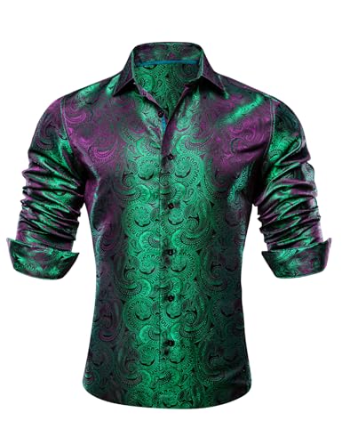 Barry.Wang Men Dress Shirts Paisley 70s Disco Shirt Button Down Silk Long Sleeve Tops for Wedding/Prom/Party/Nightclub