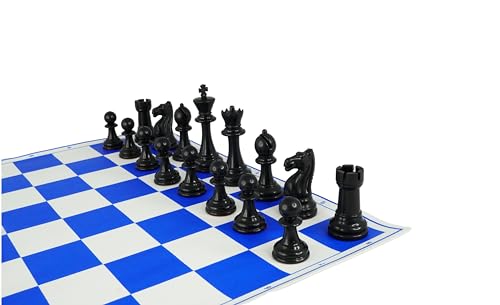 Image of 18'' X 18'' Professional Tournament Chess Set with Blue Vinyl Foldable Chess Board Game with Solid Plastic Pieces with Extra Queens and Black Bag