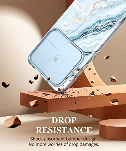 Gviewin Case Compatible With Samsung Galaxy S23 Plus With Slide Camera Cover + Screen Protector, [10Ft Military Shockproof] Marble Slim Protective Phone Case, 5G 6.6-Inch 2023 (Seasalt/Blue) #TOP5