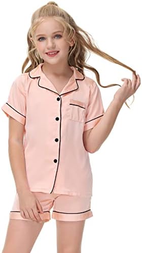 Alunsito Kid Girls Boys Pajamas Set Button Down Short Sleeve Top T-Shirt + Shorts 2Pcs Lounge Sleepwear Nightwear PJs Outfits 3