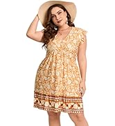 ShopWonder Womens Plus Size Casual Tunic Shift Dress V Neck Loose Swing Ruffle Summer Boho Midi D...