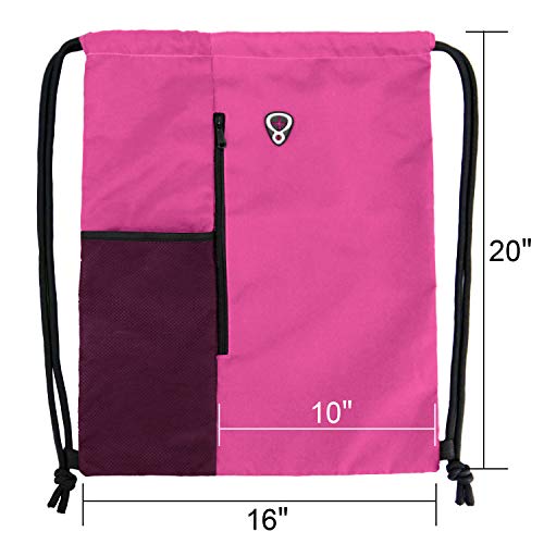 Image of BeeGreen Pink Cinch Sack Drawstring Backpack For Women With Water Bottle Pocket &Two Zippered Pocket Large Sports Gym Sackpack For Traveling Yoga Beach Outdoor