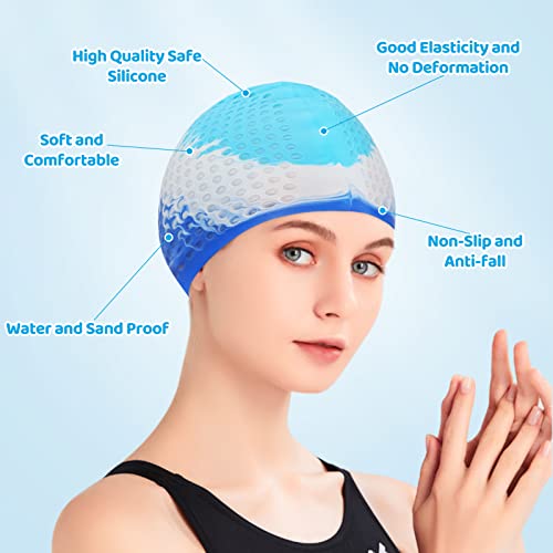 Colorlife Swim Cap 2 Pack Unisex Silicone Swimming Cap, Durable Flexible Waterproof Swimming Hats For Men Women Adults Kids, Bathing Swimming Caps For Long/Short Hair-Dazzle Blue+Rainbow #TOP3