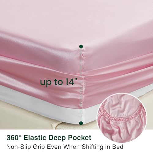 Love's cabin Satin Queen Sheets Set - 4 Piece Pink Silky Bed Sheets Set with Deep Pocket, Luxury Silk Feel Satin Queen Size Sheet Set (1 Flat Sheet,1 Fitted Sheet,2 Pillow Cases) - Image 5