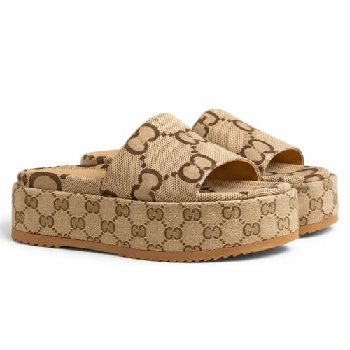 Luxury Monogram Letter Womens Canvas Platform Slide Sandal Beige and Brown Size 11 Medium