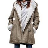 Flodxo Womens Winter Coats Long Plus Size Thermal Fleece Jackets Ladies Duffle Coats with Horn Warm Outwear Fleece Lined Jacket Casual Oversized Thickened Hoodies Padded Overcoat Khaki 5XL