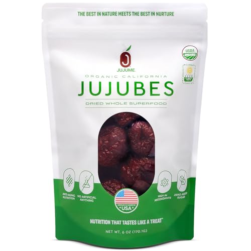 JUJUME | USDA Organic California Grown Jujubes Red Dates | Individually Sorted 3X for QA | High Grade Superfood | Healthy Dried Fruit | Certified All-Natural Non-GMO | 6 oz. bag