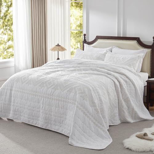 LEAONME 100% Cotton 3-Piece Quilt Set White Full Queen Size Lightweight Bedspread Coverlet 90''x98'' Soft Luxurious Embroidered Bedding Set for All Seasons (1 Quilt, 2 Pillow Shams)