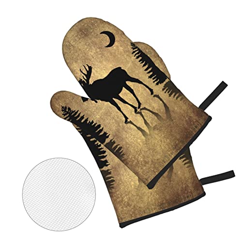 Donmyer Rustic Elk Moose Deer Forest Pine Tree Moon Design Oven Mitts And Pot Holders Sets Of 4 Vintage Animal Heat Resistant Gloves Set Potholders For Kitchen Grilling Non-Slip, 7.2X11In+8X8In #TOP2