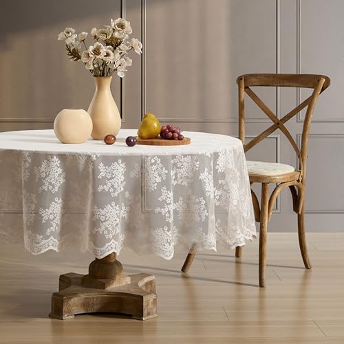 HLC.ME Jolene Floral Lace Tablecloth Round, Lace Fabric Table Cloth for Round Tables, Wrinkle Resistant Tablecloth, Patterned Scalloped Tablecloth (90 Round, Linen Taupe)