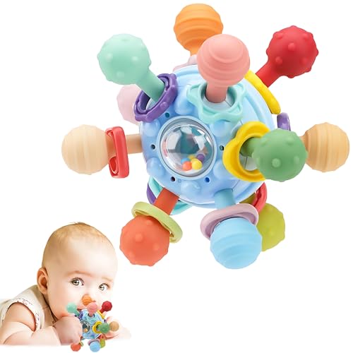 Image of Brand Conquer Silicone Baby Teether Ball Toy, BPA-Free Sensory Teething Toy for 3+ Months, Soft Chewable Textured Teether with Rattle, Colorful Grasping &Development Toy for Infants and Toddlers(Blue)
