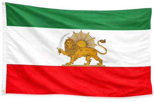 Iranian Persian Lion and Sun Flag Classic Persia Tricolor Banner With 2 Brass Grommets 3 x 5 ft (90 x 150 cm) Durable Polyester (Lion & Sun)