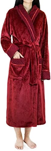 PAVILIA Soft Plush Women Fleece Robe, Burgundy Wine Red Cozy Bathrobe, Female Long Spa Robe, Warm Housecoat, Satin Waffle Trim, L/XL