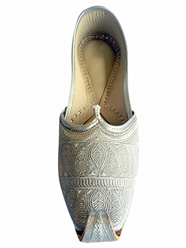 Men's Flat Full Silver Zari Khussa Shoes Traditional Indian Leather Loafer Punjabi Jutti3