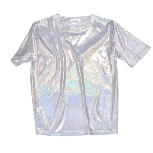 Chemisier/T-shirt à manches courtes métallisé pour femme avec trou de serrure, manches courtes, paillettes brillantes holographiques pour soirée, Blanc., L
