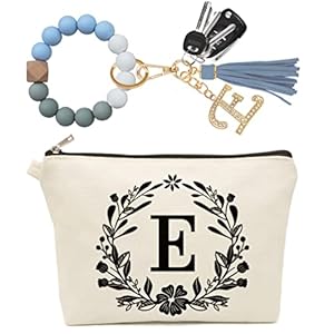 Mcapirivo Cute Small Canvas Makeup Bag Personalized, Silicone Beaded Wristlet Bracelet Keychain with Initial, Flower…