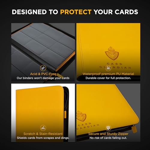 Image of Card Guardian - 9 Pocket Premium Black Binder with Zipper for 360 Cards - Side Loading Pockets for Trading Card Games TCG (Yellow)