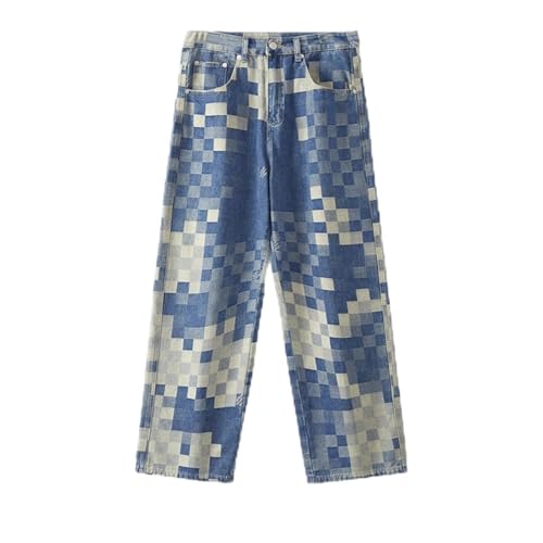Jeans Pants Trouser Denim Mosaic Checkered Men's Light Luxury Classic Loose Summer