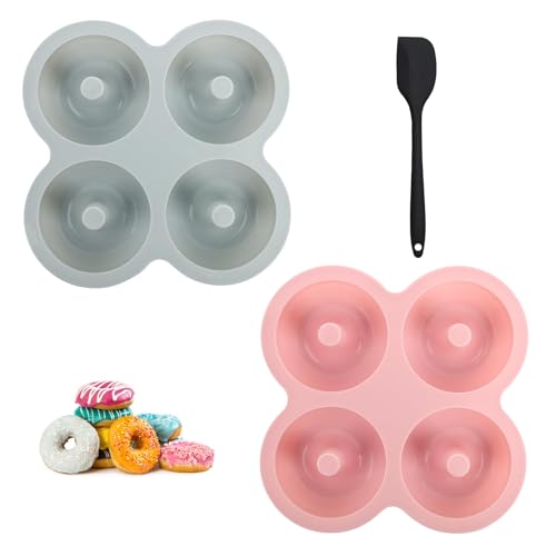 Moldes de silicone para Dónut 2 peças, moldes de silicone para donuts de 4 cavidades 1 espátula de silicone moldes de silicone para assar rosquilhas bolos madalenas