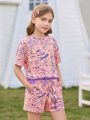 Image of Haloumoning Girls Summer 2 Piece Outfits Kids Oversized T Shirts and Shorts Clothing Sets 5-14 Years