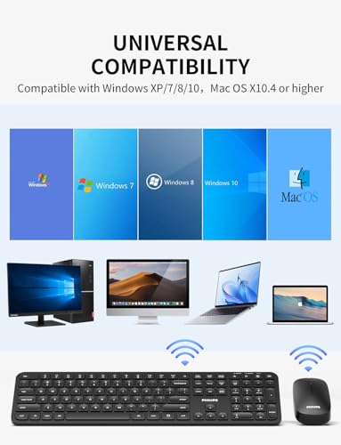 Image of Philips Wireless Keyboard and Mouse Combo,2.4G 2 in 1 Receiver Cordless Full Size Keyboard and Mice,Ultra Slim and Quiet Keyboard & Ergonomic Mice for Windows XP /7 /8 /10,Mac OS X10.4 or Higher-Black
