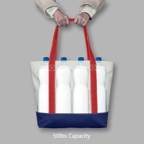 Image of TOPDesign 1-Pack Canvas Tote Bag with an External Pocket, Reusable Grocery Shopping Bag, Top Zipper Closure, Daily Essentials (Red /Blue /Natural)