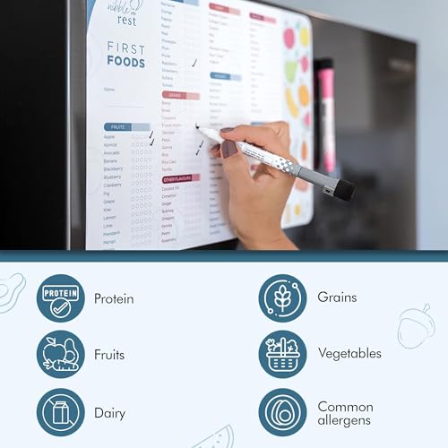 Image of Nibble and Rest Baby's First Foods Tracker Fridge Magnet, Dry Erase Activity Poster, Daily Food Log, 101 Before One, Baby Food Chart /Checklist 25x35cm