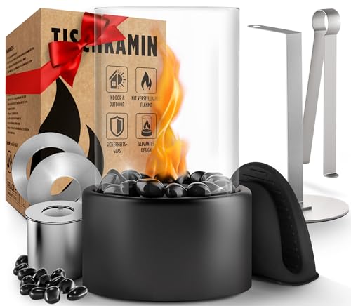 Edelfeld - Chimenea de mesa cálida [incluye anillos de llama] - Fuego de mesa para interior y exterior - Llama ajustable - Chimenea de bioetanol con piedras decorativas [negro] - Chimenea de mesa de