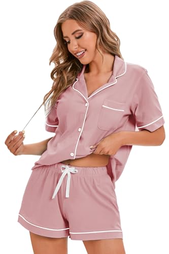 Image of LUBOT 100% Cotton Pajamas for Women 2 Piece PJ Set Button-Down Soft Knit Short Sleeve Summer Sleepwear Loungewear XS-XXL