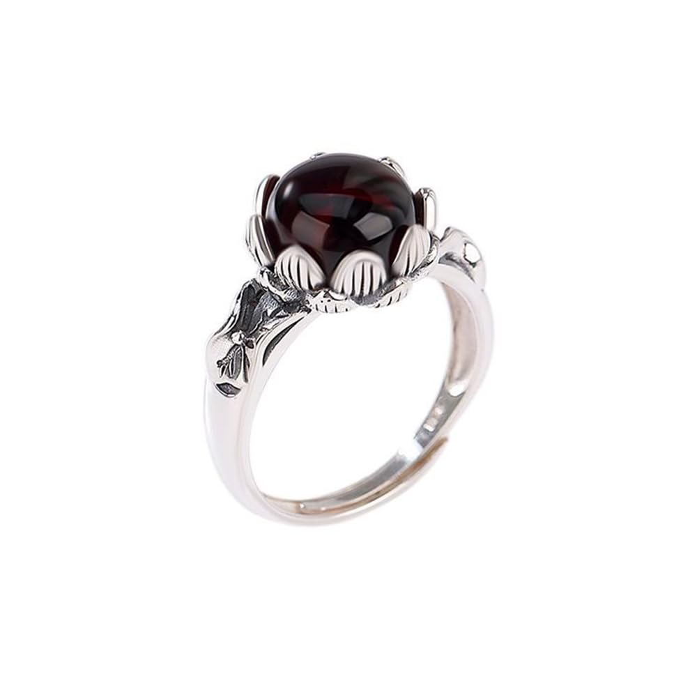 HMJGDHX Ring aus S925-Silber mit rundem Lotusblatt-Perlenring aus natürlichem rotem Bernstein (verstellbare Öffnung), Ring für Damen, echte Jade