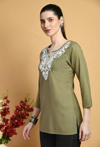 Image of QAZMI Women's Cotton,Rayon Embroidered Regular Tunic Shirt
